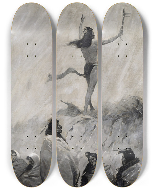 Triptych art skateboard deck of Frederic Remington The Fire Eater Raised His Arms To The Thunder Bird by Frederic Remington (1861-1909)