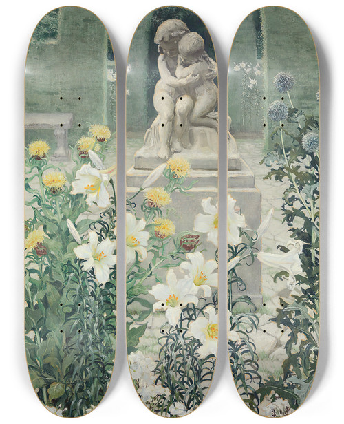 Triptych art skateboard deck of Isabel Codrington The Lily Garden by Isabel Codrington (1874-1943)