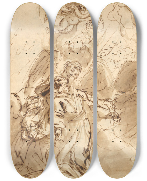 Triptych art skateboard deck of Sebastiano Ricci The Ecstasy Of Saint Francis Recto by Sebastiano Ricci (1659-1734)