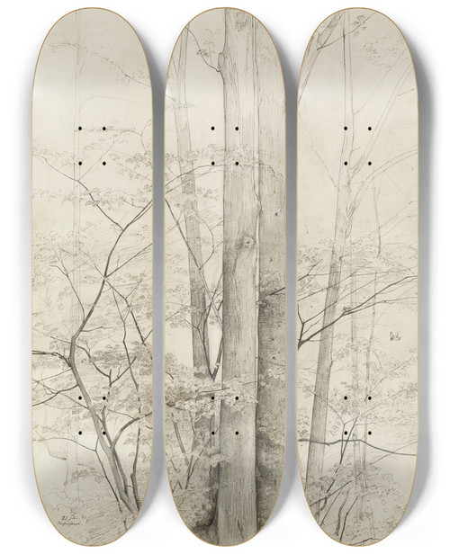 Triptych art skateboard deck of Heinrich Dreber A Stand Of Trees by Heinrich Dreber (1822-1875)