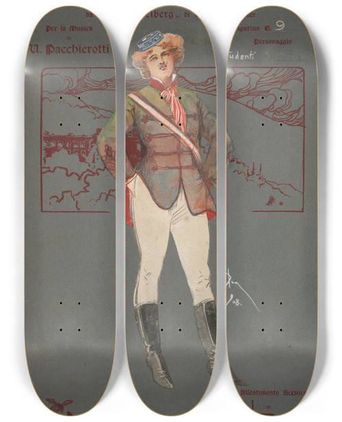 Triptych art skateboard deck of Pipein Gamba Studenti by Pipein Gamba (1868-1954)
