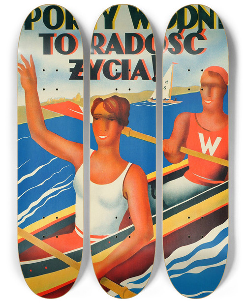 Triptych art skateboard deck of Bolesaw Suraogajduczeni Sporty Wodne To Rado Ycia by Bolesaw Surao-Gajduczeni (1906-1939)