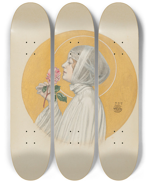 Triptych art skateboard deck of Carlos Schwabe Jeune Femme La Rose by Carlos Schwabe (1866-1927)