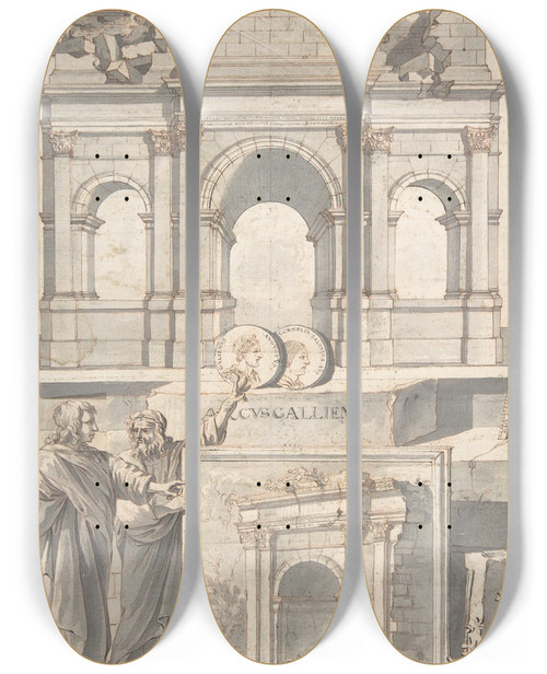 Triptych art skateboard deck of Jan Goeree A Reconstruction Of The Arch Of Gallienus Above And A View Of The Ruins Below by Jan Goeree (1670-1731)