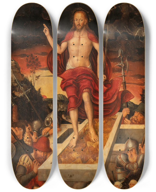 Triptych art skateboard deck of Lucas Cranach The Younger An Epitaph The Resurrected Christ With A Donor Family by Lucas Cranach the Younger (1515-1586)