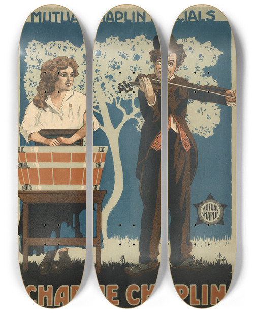 Triptych art skateboard deck of Greenwich Litho Co Charlie Chaplin In The Vagabond by Greenwich Litho Co (19-20-)