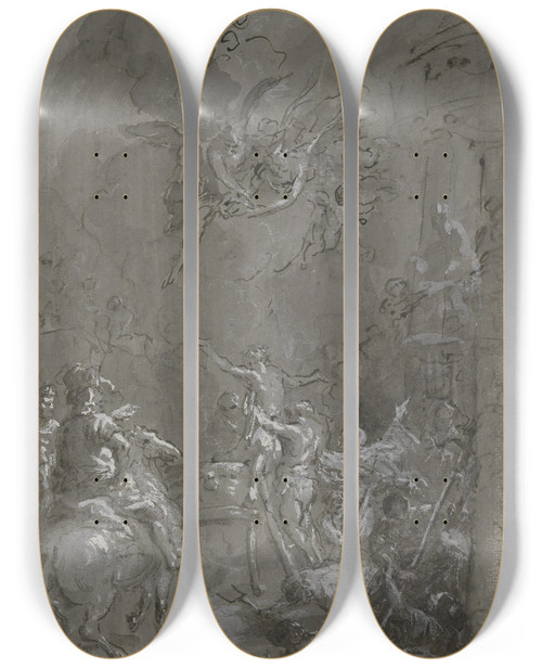 Triptych art skateboard deck of Martin Johann Schmidt Martyrium Des Heiligen Veit Der Nackte Heilige Von Folterknechten Umgeben Am Lkessel In Der Luft Engel Mit Der Mrtyrerkrone by Martin Johann Schmidt (1718-1801)