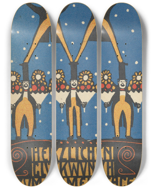 Triptych art skateboard deck of Rudolf Kalvach Congratulations On Your Name Day Herzlichen Glckwunsch Zum Namenstage_2 by Rudolf Kalvach (1883-1932)