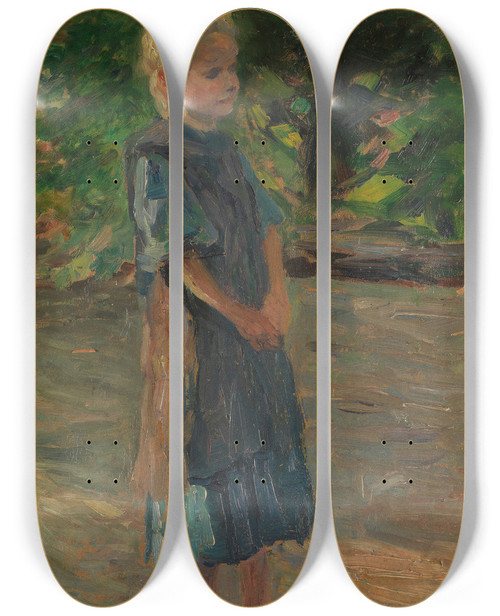 Triptych art skateboard deck of Thomas Herbst Stehendes Mdchen Im Blauen Kleid by Thomas Herbst (1848-1915)