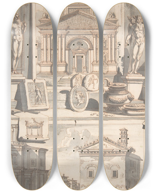 Triptych art skateboard deck of Jan Goeree A Reconstruction Of The Aerarium Above And A View Of The Ruins Below by Jan Goeree (1670-1731)