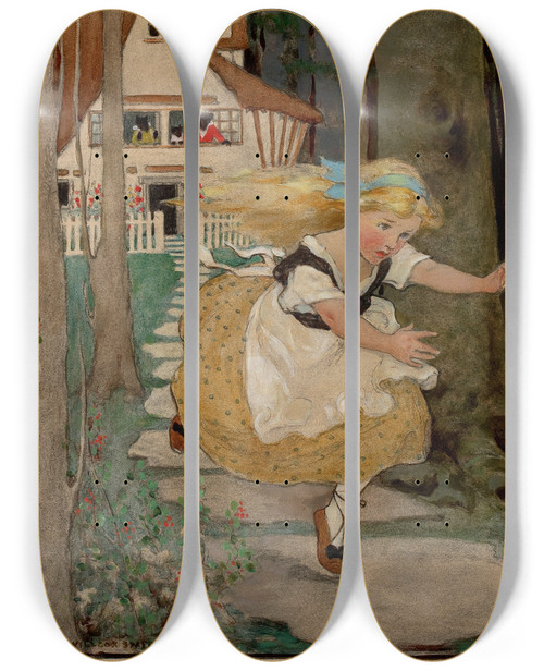 Triptych art skateboard deck of Jessie Willcox Smith Goldilocks And The Three Bears by Jessie Willcox Smith (1863-1935)
