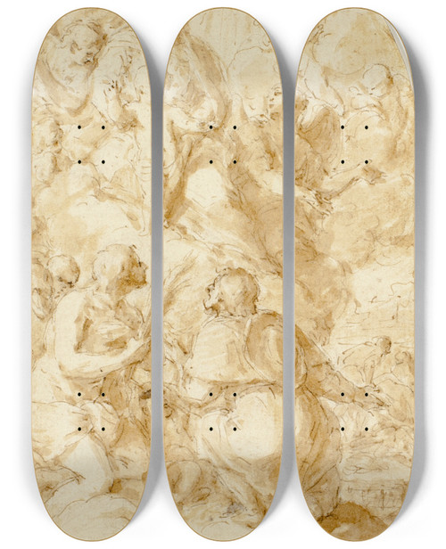 Triptych art skateboard deck of Bartolom Estebn Murillo Virgin Mary With The Christ Child In The Clouds by Bartolome Esteban Murillo (1617-1682)