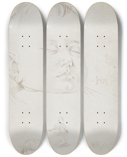 Triptych art skateboard deck of Hans Baldung Hovedet Af En Sovende Smdreng Trekvartprofil Mod Hjre Herunder Barnets Halvbne Mund Herunder Hovedet Af En Midaldrene Mand I Profil Mod Venstre by Hans Baldung (1484-1545)