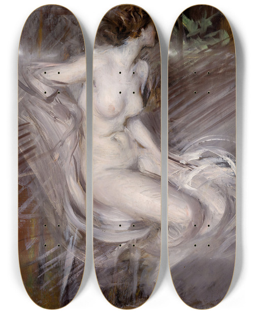Triptych art skateboard deck of Giovanni Boldini Nudo Di Giovane Seduta Nudo Color Perla by Giovanni Boldini (1842-1931)