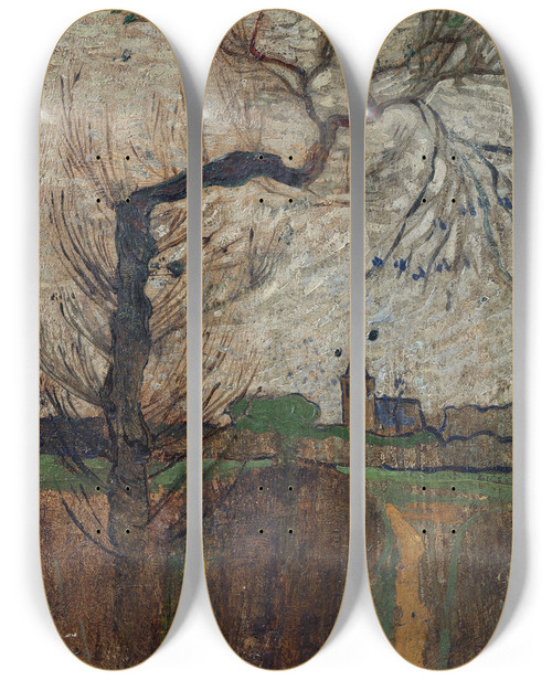 Triptych art skateboard deck of Richard Nicolas Roland Holst Foothpad With Willow And A Village On The Horizon by Richard Nicolaus Roland Holst (1868-1938)
