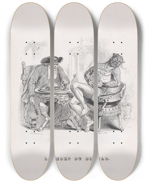Triptych art skateboard deck of J J Grandville The Death Of The Devil by J J Grandville (1803-1847)