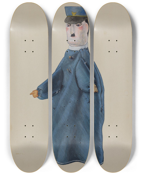 Triptych art skateboard deck of Elmer Weise Hand Puppet Policeman by Elmer Weise