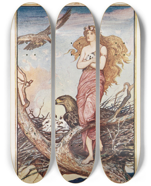 Triptych art skateboard deck of Henry Justice Ford She Lived Happily In Her Nest Standing At The Edge In The Sunset Looking Upon The Beautiful World by Henry Justice Ford (1860-1941)