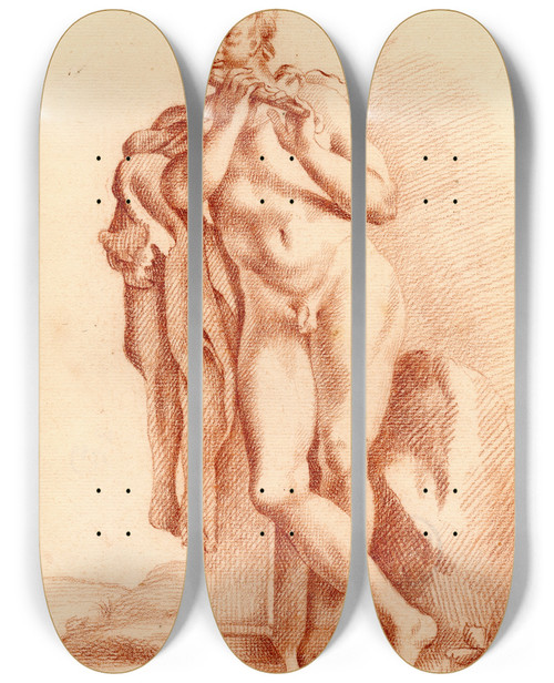 Triptych art skateboard deck of Cornelis Pronk Beeld Van Staande Naakte Jongen Met Fluit by Cornelis Pronk (1691-1759)