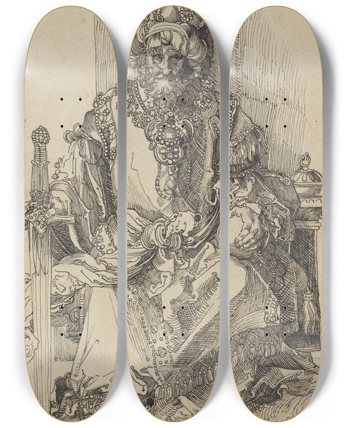 Triptych art skateboard deck of After Albrecht Drer An Oriental Ruler Seated On His Throne by After Albrecht Durer (1471-1528)