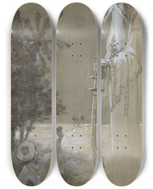 Triptych art skateboard deck of Hc Louwerse Lange Man Met Baard Kijkt Neer Op Een Zittende Jongen by H.C. Louwerse (1878-1946)