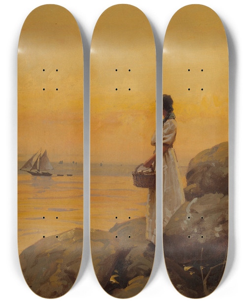 Triptych art skateboard deck of William Gilbert Gaul Gazing Out To Sea by William Gilbert Gaul (1855-1919)