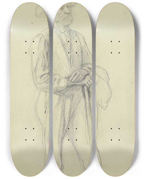 Triptych art skateboard deck of Jakob Becker Peasant With Hat And Walking Stick by Jakob Becker (1810-1872)