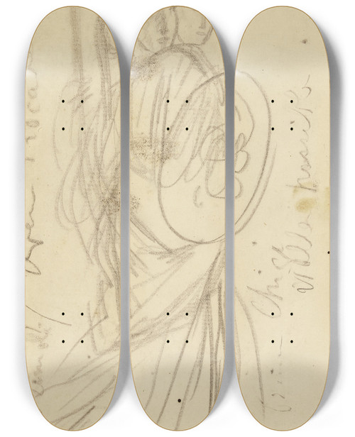 Triptych art skateboard deck of Albert Besnard Deux Femmes En Armure Avec Un Bouclier by Albert Besnard (1849-1934)
