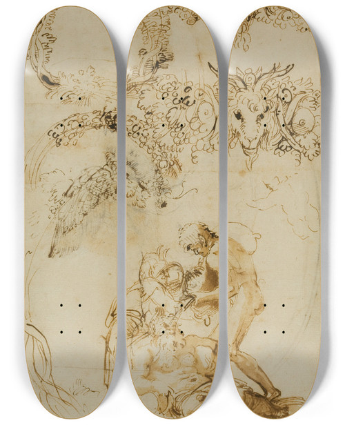 Triptych art skateboard deck of Annibale Carracci Drunken Silenus And Decorative Sketches Studies For The Tazza Farnese by Annibale Carracci (1560-1609)