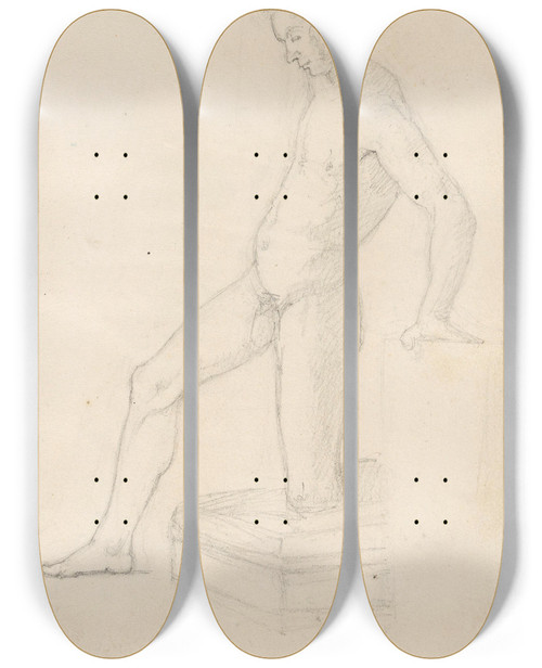 Triptych art skateboard deck of Adolph Tidemand Mannsakt by Adolph Tidemand (1814-1876)