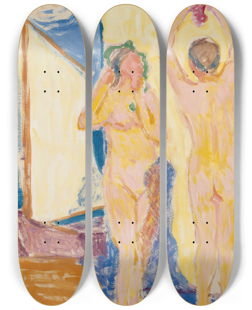 Triptych art skateboard deck of Alvar Cawn On The Shore by Alvar Cawen (1886-1935)