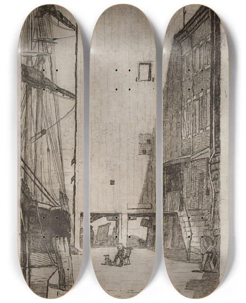 Triptych art skateboard deck of Otto Henry Bacher Ship And Elevator by Otto Henry Bacher (1856-1909)