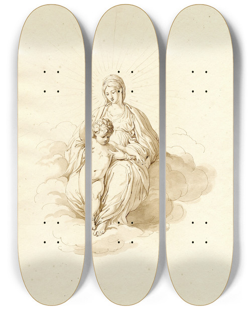 Triptych art skateboard deck of David Humbert De Superville Mary With The Christchild In The Clouds by David Humbert De Superville (1770-1849)
