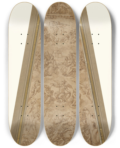 Triptych art skateboard deck of Giorgio Vasari Compositional Study For The Southeast Section Of The Cupola Of Florence Cathedral by Giorgio Vasari (1511-1574)