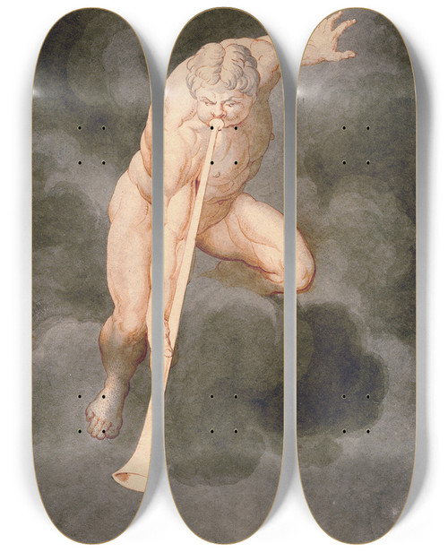 Triptych art skateboard deck of David Humbert De Superville Trumpeting Angel by David Humbert De Superville (1770-1849)