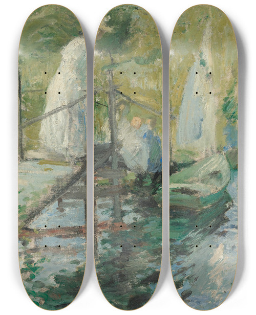 Triptych art skateboard deck of John Henry Twachtman Summer Afternoon Figures On A Bridge by John Henry Twachtman (1853-1902)