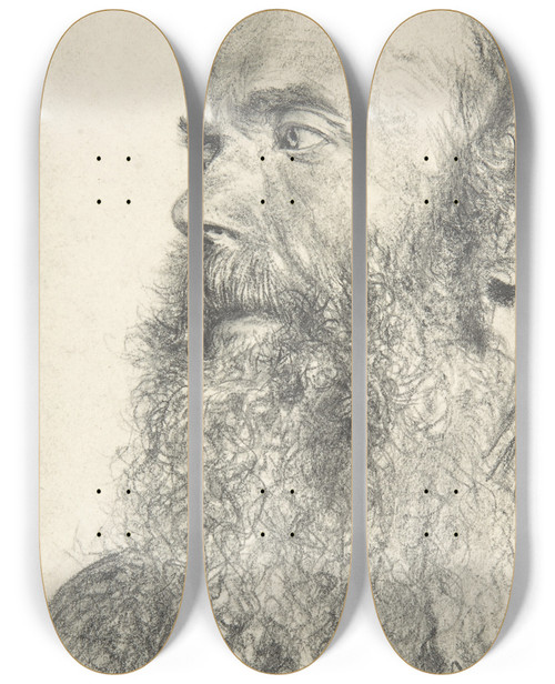 Triptych art skateboard deck of Adolph Von Menzel Head Of A Bearded Man by Adolph Von Menzel (1815-1905)