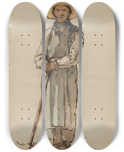 Triptych art skateboard deck of Johann Baptist Kirner Bauer Mit Breitrandigem Hut Sich Auf Eine Hacke Sttzend by Johann Baptist Kirner (1806-1866)