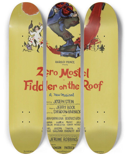 Triptych art skateboard deck of Artcraft Lithograph Harold Prince Presents Zero Mostel In Fiddler On The Roof by Artcraft Lithograph (1905-1970)