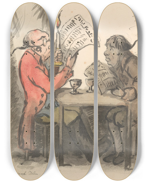 Triptych art skateboard deck of George Moutard Woodward The Extinguisher by George Moutard Woodward (1765-1809)
