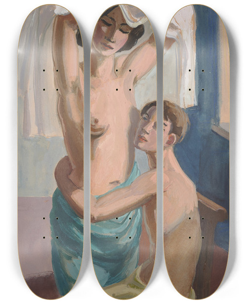 Triptych art skateboard deck of Hermann Lismann Sitzender Mnnerakt Einen Stehenden Frauenakt Umarmend by Hermann Lismann (1878-1943)
