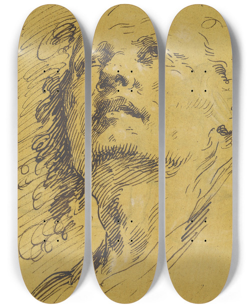 Triptych art skateboard deck of Pietro Antonio Novelli Head Of A Man Looking Up by Pietro Antonio Novelli (1729-1804)