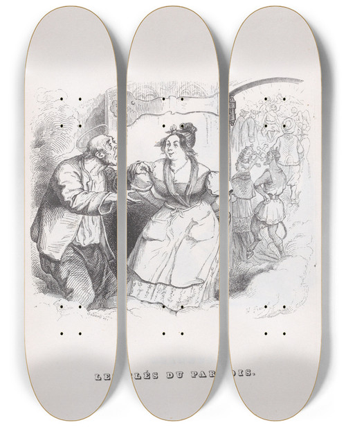 Triptych art skateboard deck of J J Grandville The Keys To Paradise by J J Grandville (1803-1847)
