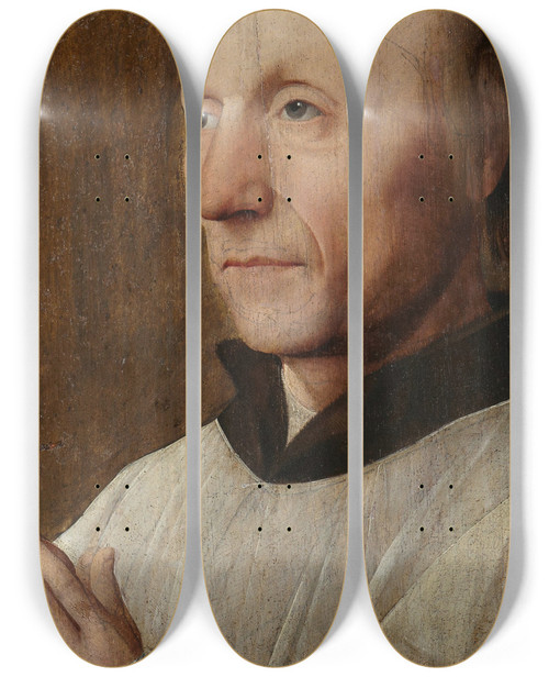 Triptych art skateboard deck of Jan Van Scorel Portrait Of A Man Possibly A Pilgrim by Jan Van Scorel (1495-1562)
