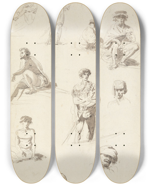 Triptych art skateboard deck of William Hodges Sheet Of Studies Of Oriental Figures by William Hodges (1744-1797)