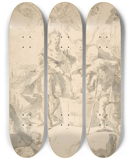Triptych art skateboard deck of Franz Anton Maulbertsch Saint Wenceslas At The Vintage Attended By Angels And Putti by Franz Anton Maulbertsch (1724-1796)