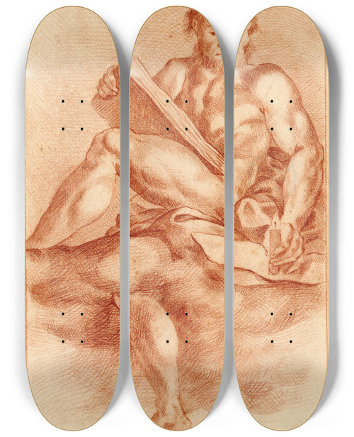 Triptych art skateboard deck of Cornelis Pronk Tekening Van Naakte Man In De Wolken Met Boek En Kaars by Cornelis Pronk (1691-1759)