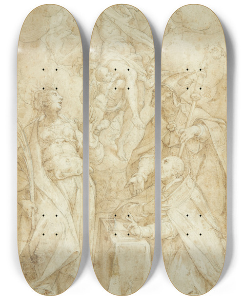 Triptych art skateboard deck of Denys Calvaert Kristus I Skyerne Bret Af Engle Viser Sig For En Biskop Ved En Lsepult En Biskophelgen Skt Augustin Og Catarina Af Alexandria by Denys Calvaert (1540-1619)