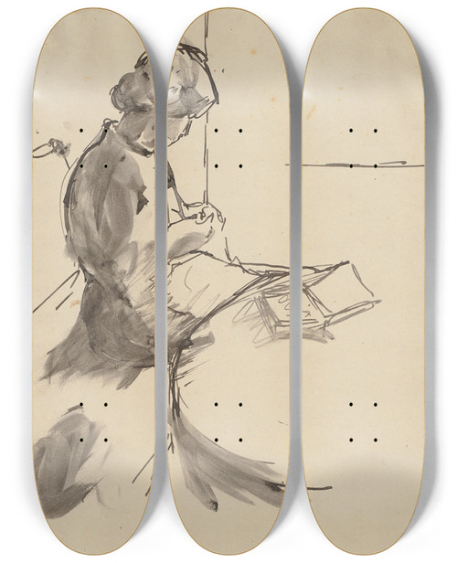 Triptych art skateboard deck of Hermann Lismann Strickende Frau Auf Dem Tisch Ein Buch Liegend by Hermann Lismann (1878-1943)