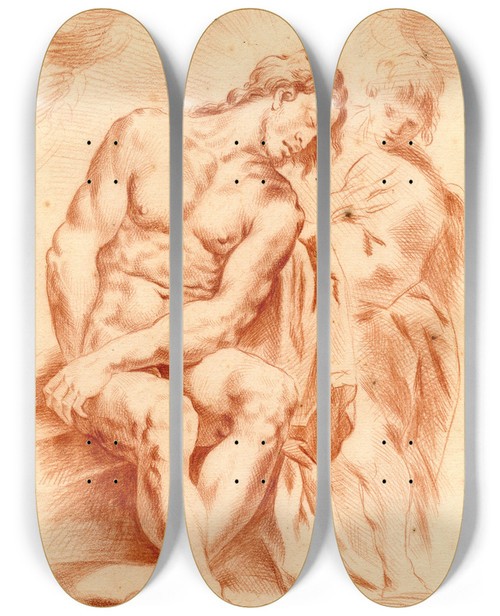 Triptych art skateboard deck of Cornelis Pronk Tekening Van Christus Op De Steen Met Engel by Cornelis Pronk (1691-1759)